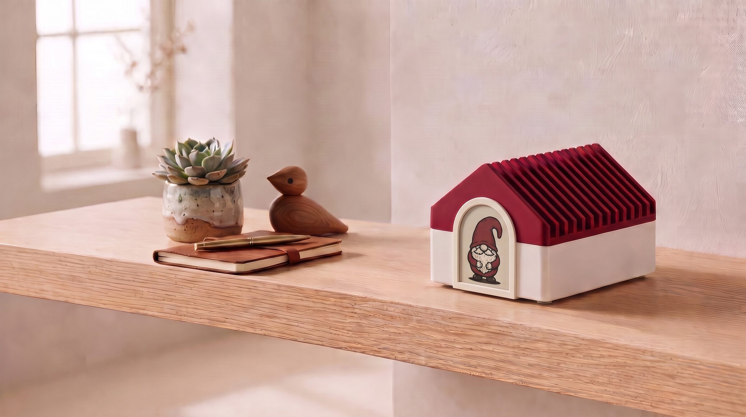 Tomte Tom, a small house-shaped device with a red gable roof, sitting on a wooden shelf next to a succulent, a carved wooden bird, and a leather notebook.